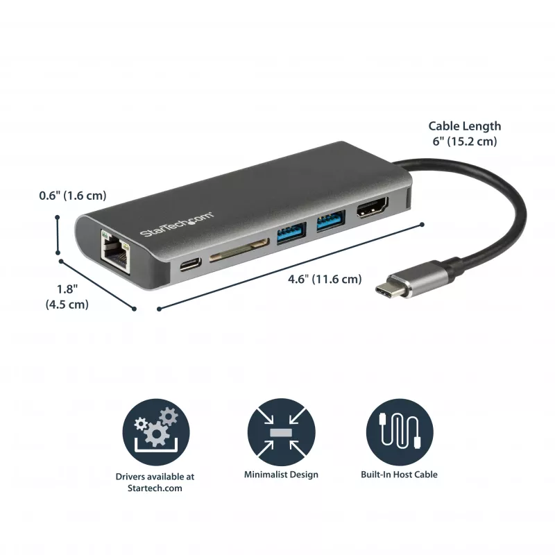 StarTech.com Adapter wieloportowy USB C — podróżna stacja dokująca USB-C z 4K HDMI, 3-portowym hubem USB 3.0, czytnikiem SD/SDHC, GbE, zasilaniem przejściowym PD 3.0 60 W — USB Type-C/Thunderbolt 3 — zamiennik DKT30CSDHPD