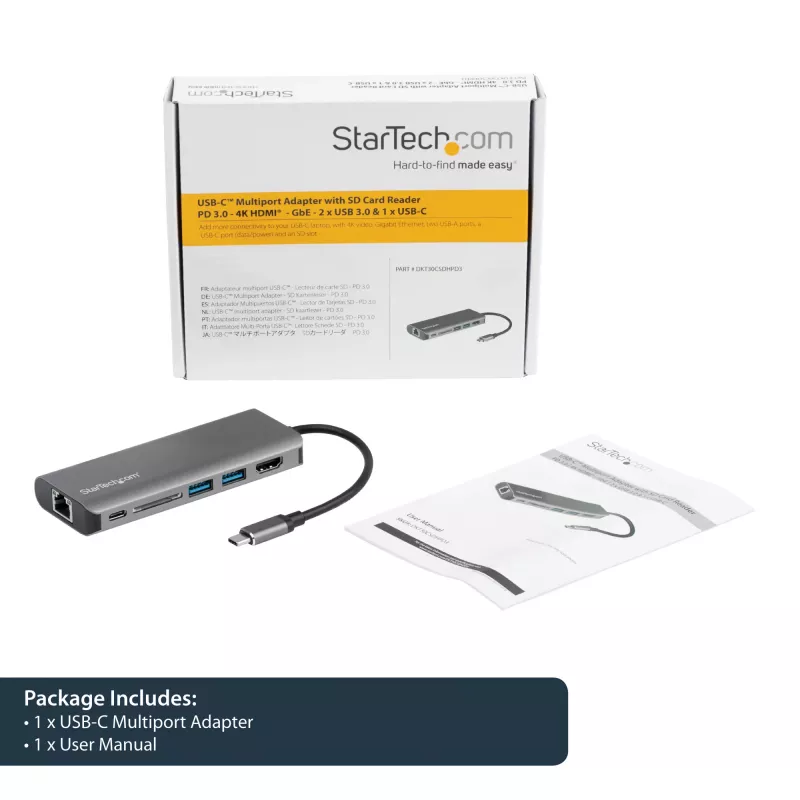 StarTech.com Adapter wieloportowy USB C — podróżna stacja dokująca USB-C z 4K HDMI, 3-portowym hubem USB 3.0, czytnikiem SD/SDHC, GbE, zasilaniem przejściowym PD 3.0 60 W — USB Type-C/Thunderbolt 3 — zamiennik DKT30CSDHPD