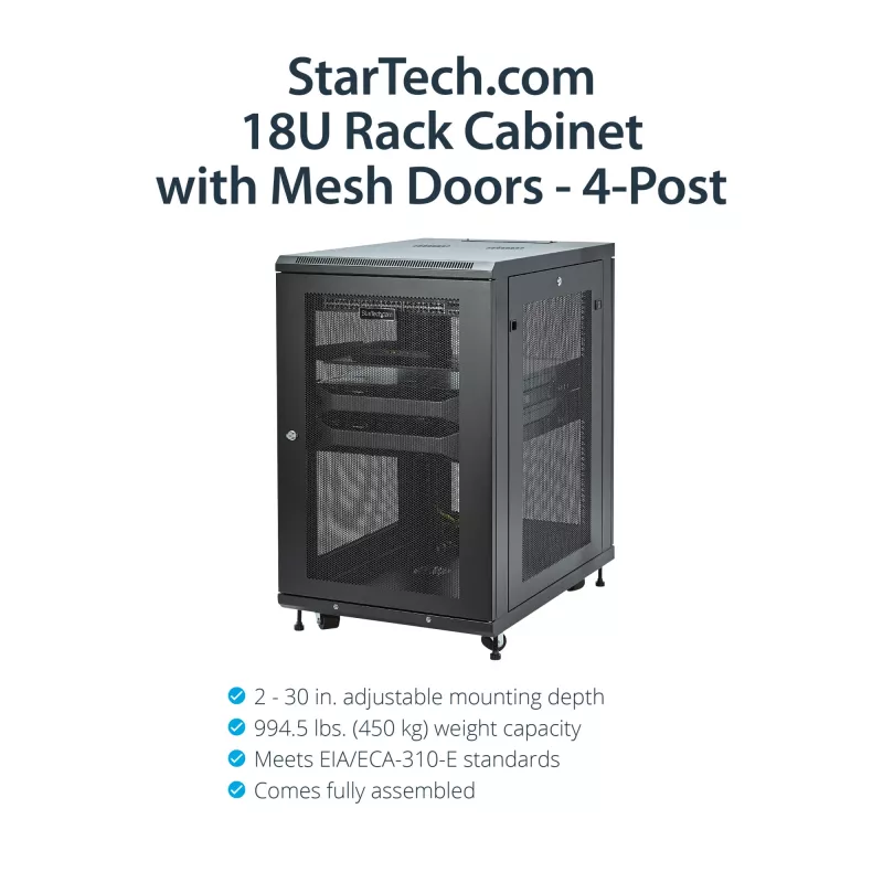 StarTech.com 4-Post 18U Server Rack Cabinet, Lockable 19 inch Data Rack Cabinet for Computer / AV / IT Equipment, Office / Home sieciowy Rack with Casters & Adjustable Mounting Rails