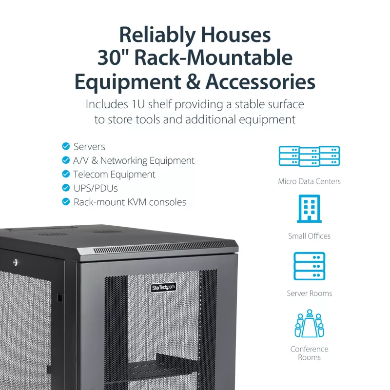 StarTech.com 4-Post 18U Server Rack Cabinet, Lockable 19 inch Data Rack Cabinet for Computer / AV / IT Equipment, Office / Home sieciowy Rack with Casters & Adjustable Mounting Rails