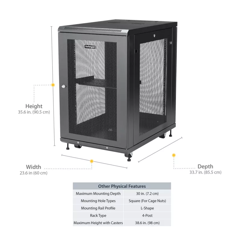 StarTech.com 4-Post 18U Server Rack Cabinet, Lockable 19 inch Data Rack Cabinet for Computer / AV / IT Equipment, Office / Home sieciowy Rack with Casters & Adjustable Mounting Rails