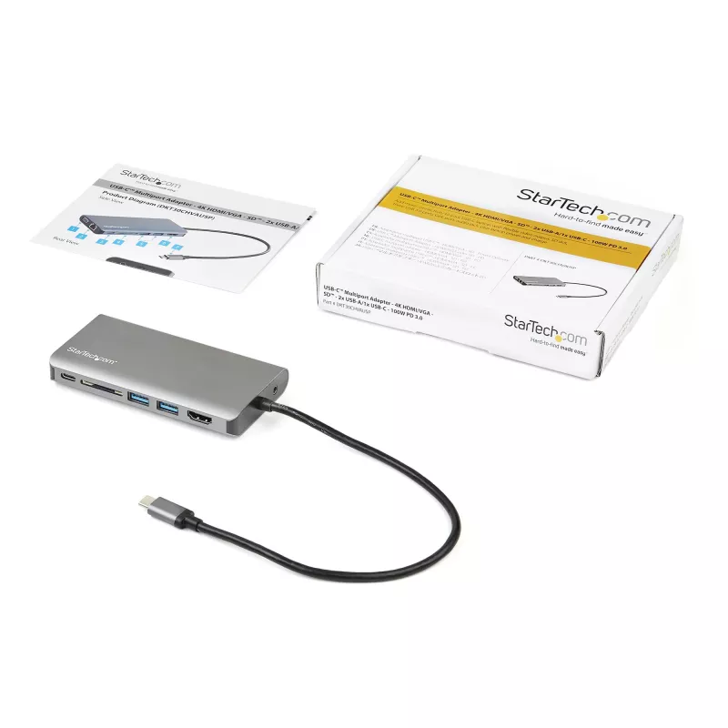 StarTech.com USB C Multiport Adapter - USB-C Mini Travel Dock z 4K HDMI lub 1080p VGA - 3x USB 3.0 Hub, SD, GbE, Audio, 100W PD Pass-Through - Przenośna stacja dokująca do laptopa/tabletu