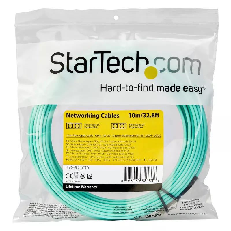 StarTech.com 10m (30ft) LC/UPC do LC/UPC OM4 wielomodowy światłowód, 50/125µm LOMMF/VCSEL kabel zipcord, 100G, niskie straty wtrąceniowe - LSZH zworka światłowodowa