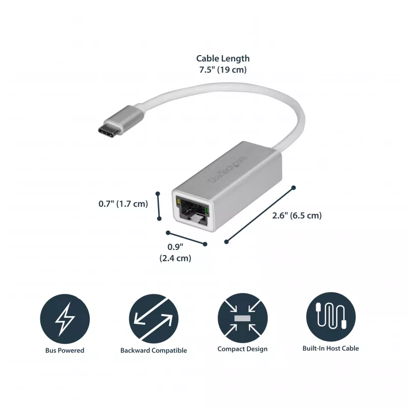 StarTech.com Adapter sieciowy USB-C do Gigabit Ethernet - srebrny, przewodowy, USB, Ethernet, 5000 Mbit/s, srebrny