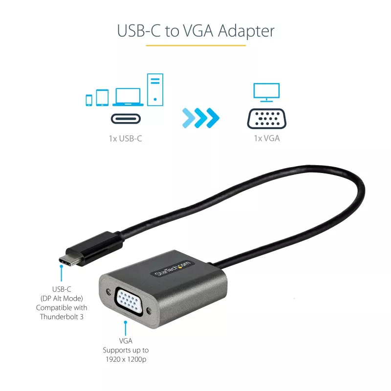 StarTech.com Adapter USB-C na VGA – 1080p, przejściówka USB Typu-C na VGA – konwerter wideo USB-C (DP Alt Mode) na monitor/wyświetlacz VGA – kompatybilny z Thunderbolt 3 – dołączony kabel o długości 12 cali – zaktualizowana wersja CDP2VGA