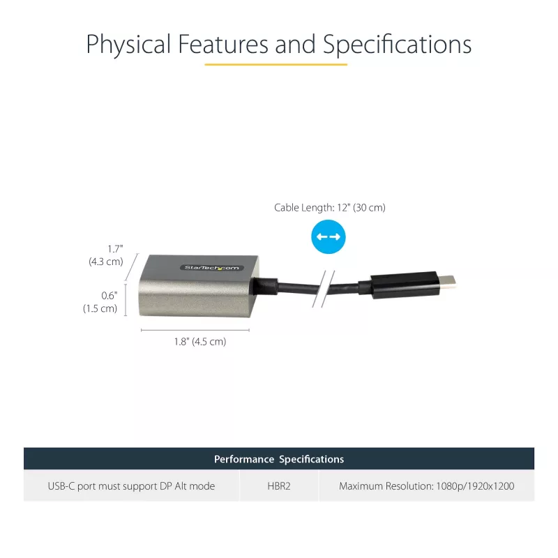 StarTech.com Adapter USB-C na VGA – 1080p, przejściówka USB Typu-C na VGA – konwerter wideo USB-C (DP Alt Mode) na monitor/wyświetlacz VGA – kompatybilny z Thunderbolt 3 – dołączony kabel o długości 12 cali – zaktualizowana wersja CDP2VGA