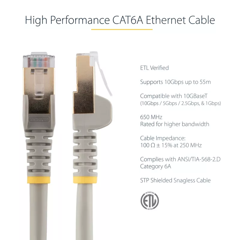 Kabel Ethernet StarTech.com 10m CAT6a - 10 Gigabit Shielded Snagless RJ45 100W PoE Patch Cord - 10GbE STP kabel sieciowy z odciążeniem - szary, indywidualnie testowany / okablowanie z certyfikatem UL / TIA