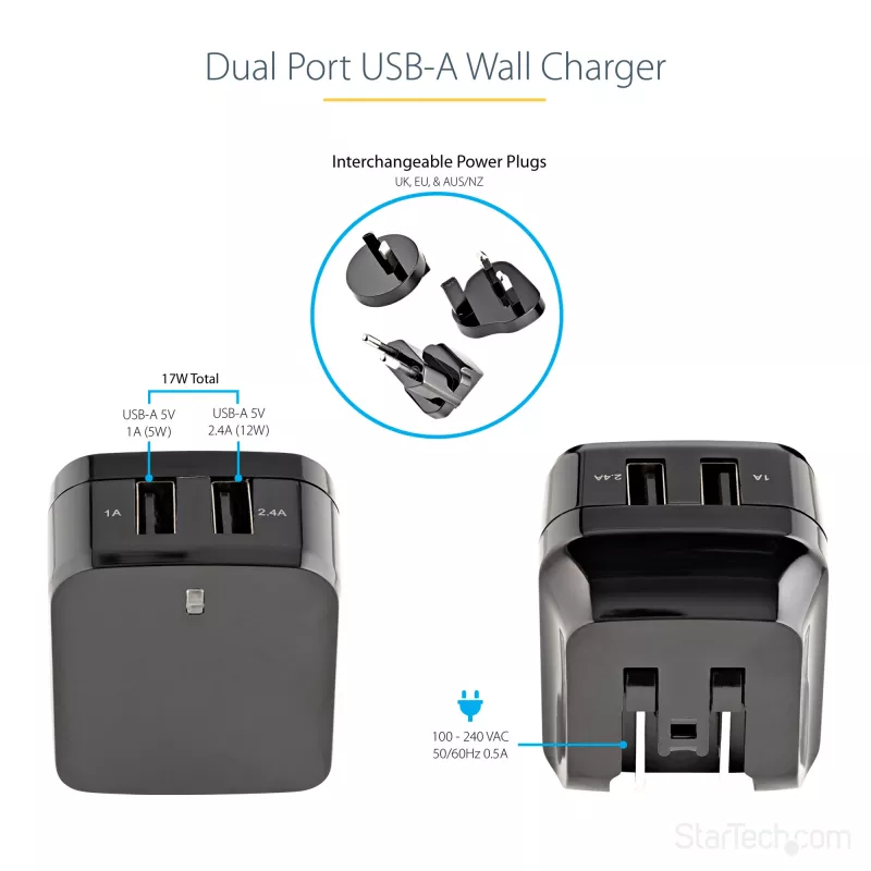 StarTech.com Dwukrotna ładowarka USB do gniazdka ściennego - międzynarodowa podróżna - 17 W/3,4 A - czarna