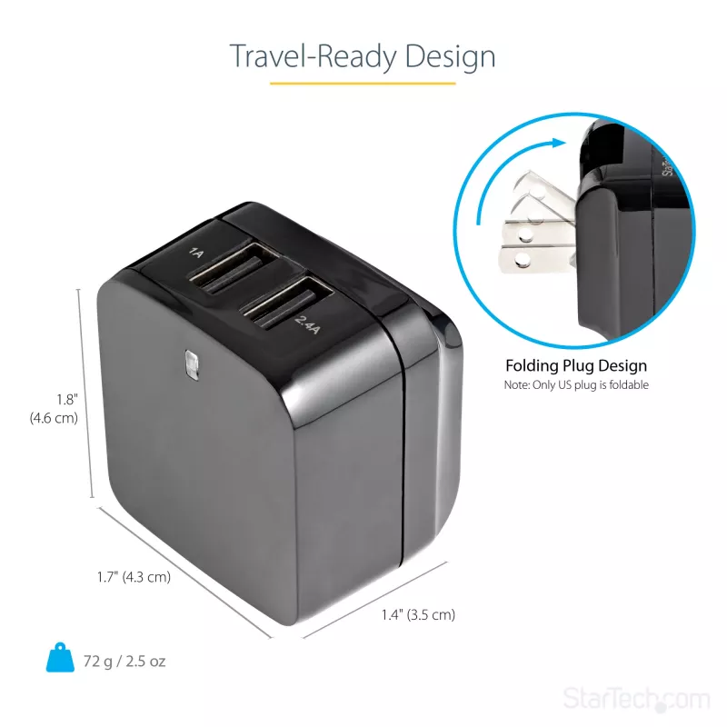 StarTech.com Dwukrotna ładowarka USB do gniazdka ściennego - międzynarodowa podróżna - 17 W/3,4 A - czarna