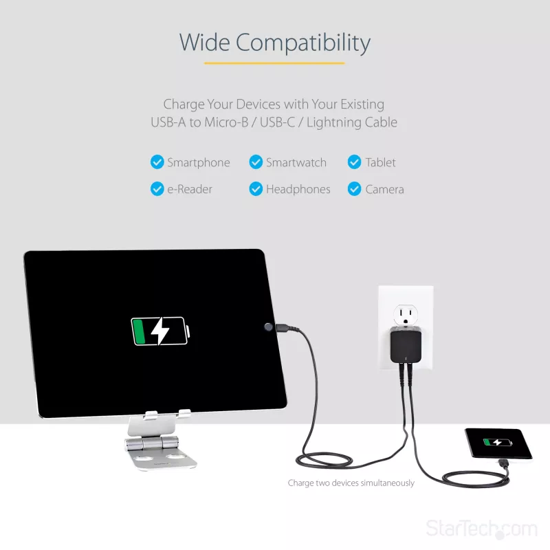 StarTech.com Dwukrotna ładowarka USB do gniazdka ściennego - międzynarodowa podróżna - 17 W/3,4 A - czarna