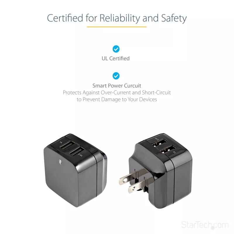 StarTech.com Dwukrotna ładowarka USB do gniazdka ściennego - międzynarodowa podróżna - 17 W/3,4 A - czarna