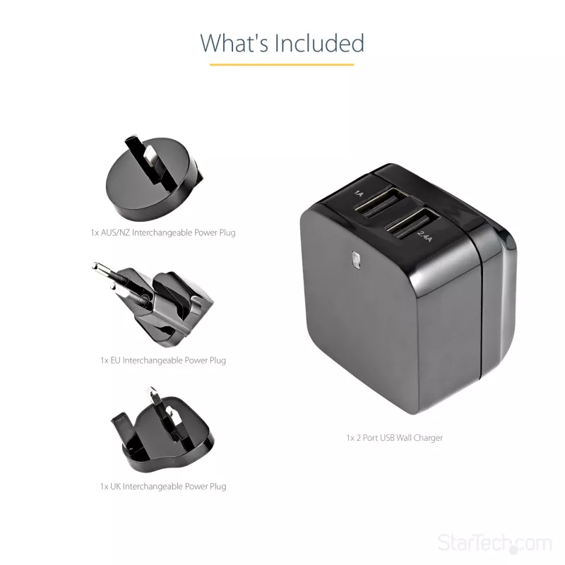 StarTech.com Dwukrotna ładowarka USB do gniazdka ściennego - międzynarodowa podróżna - 17 W/3,4 A - czarna