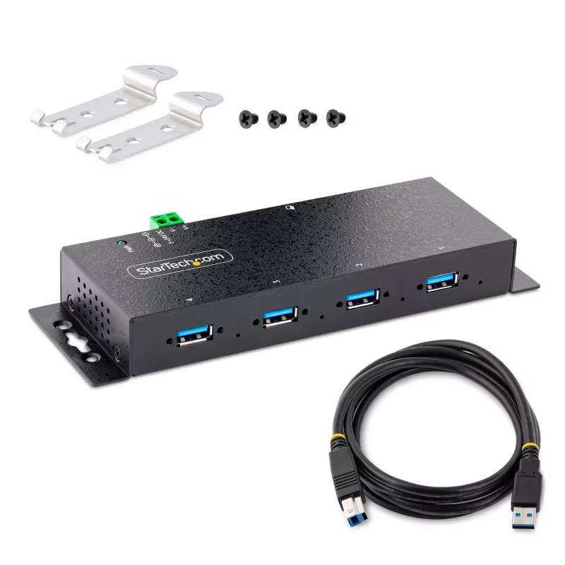 StarTech.com 4-portowy przemysłowy hub USB 3.0 5 Gb/s, wytrzymały hub USB z ochroną ESD, hub USB-A do montażu na szynie DIN/ścianie/biurku, ekspander USB z blokowanymi portami, do trudnych warunków — TAA