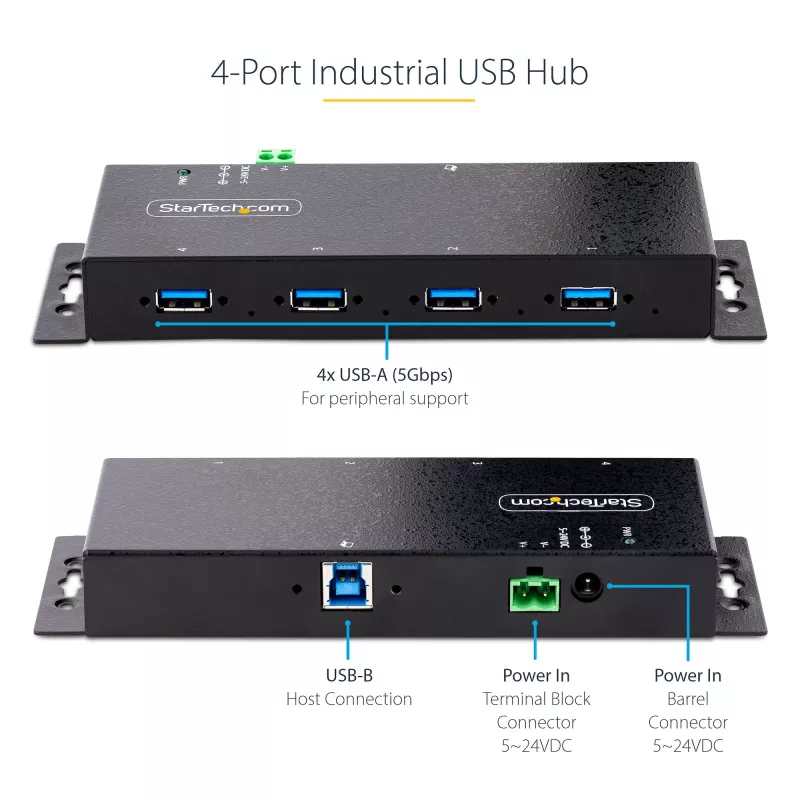 StarTech.com 4-portowy przemysłowy hub USB 3.0 5 Gb/s, wytrzymały hub USB z ochroną ESD, hub USB-A do montażu na szynie DIN/ścianie/biurku, ekspander USB z blokowanymi portami, do trudnych warunków — TAA