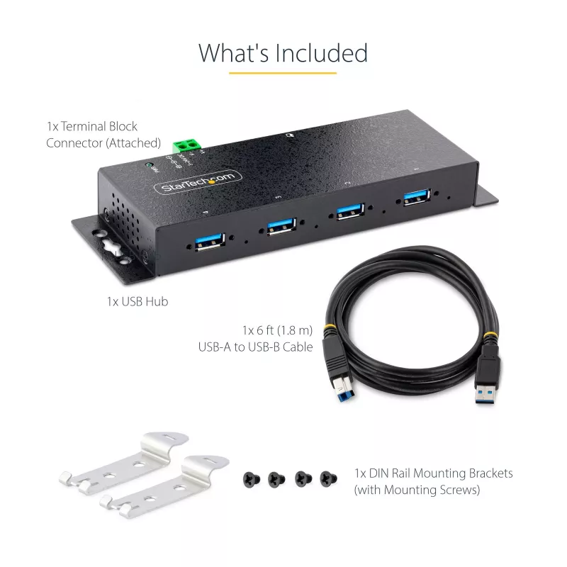 StarTech.com 4-portowy przemysłowy hub USB 3.0 5 Gb/s, wytrzymały hub USB z ochroną ESD, hub USB-A do montażu na szynie DIN/ścianie/biurku, ekspander USB z blokowanymi portami, do trudnych warunków — TAA