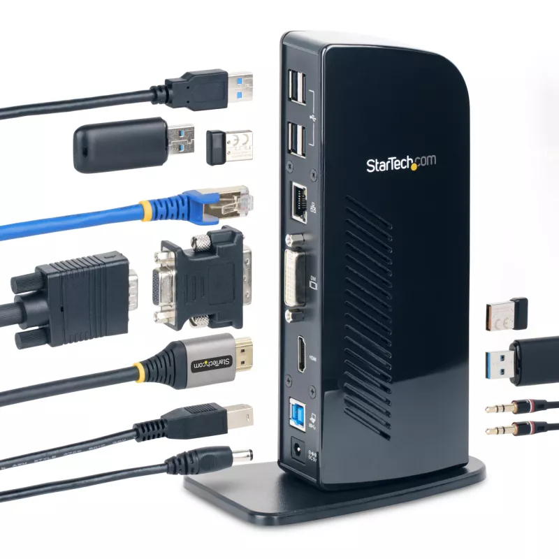 Stacja dokująca StarTech.com Dual Monitor USB 3.0 z HDMI - DVI - 6 portami USB~Stacja dokująca do laptopa Dual Monitor USB 3.0 z HDMI i DVI/VGA, 6-portowy hub USB-A, GbE, audio, uniwersalna dok Type-A - Windows/macOS/ChromeOS