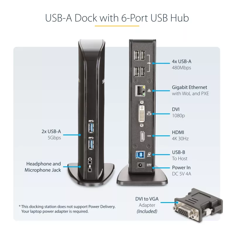 Stacja dokująca StarTech.com Dual Monitor USB 3.0 z HDMI - DVI - 6 portami USB~Stacja dokująca do laptopa Dual Monitor USB 3.0 z HDMI i DVI/VGA, 6-portowy hub USB-A, GbE, audio, uniwersalna dok Type-A - Windows/macOS/ChromeOS