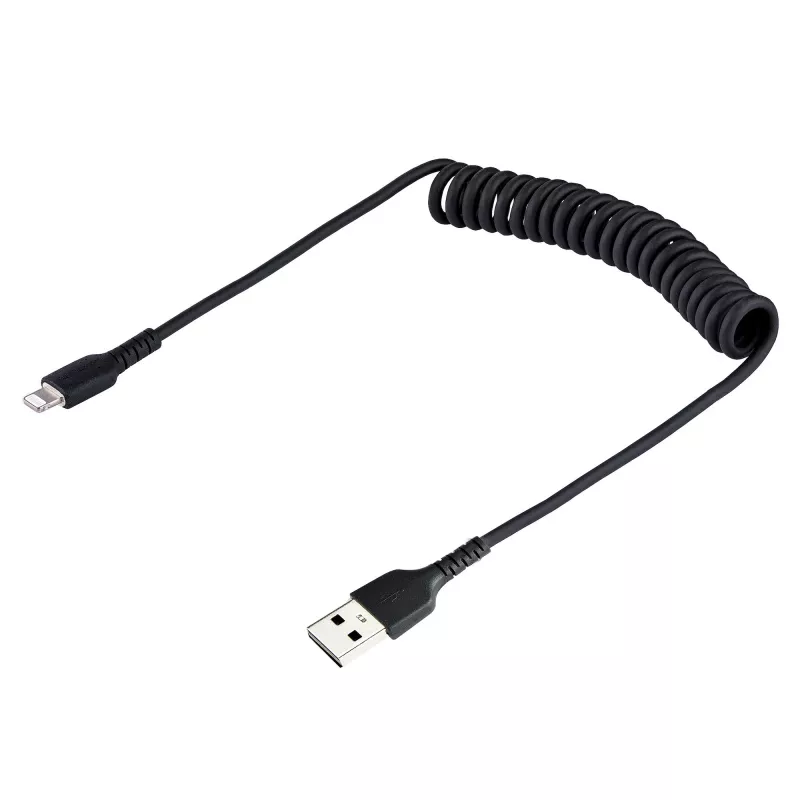 StarTech.com 50cm (20in) USB do Lightning, kabel MFi Certified, zwijany, czarny, wytrzymały płaszcz TPE wzmocniony włóknem aramidowym, wytrzymały zwijany kabel Lightning