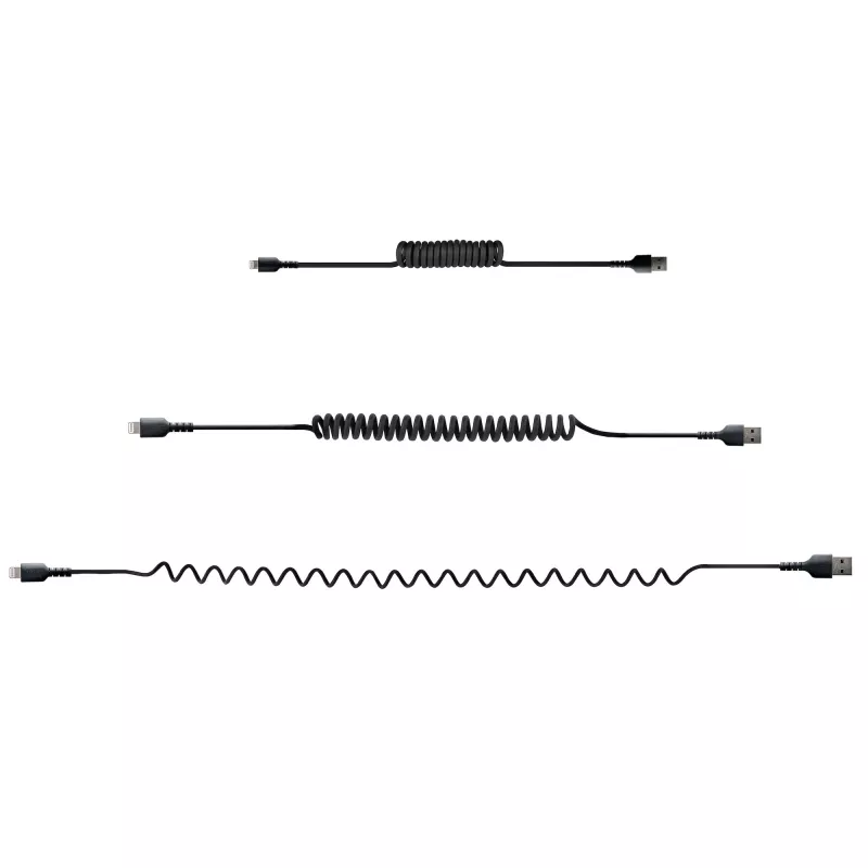 StarTech.com 50cm (20in) USB do Lightning, kabel MFi Certified, zwijany, czarny, wytrzymały płaszcz TPE wzmocniony włóknem aramidowym, wytrzymały zwijany kabel Lightning