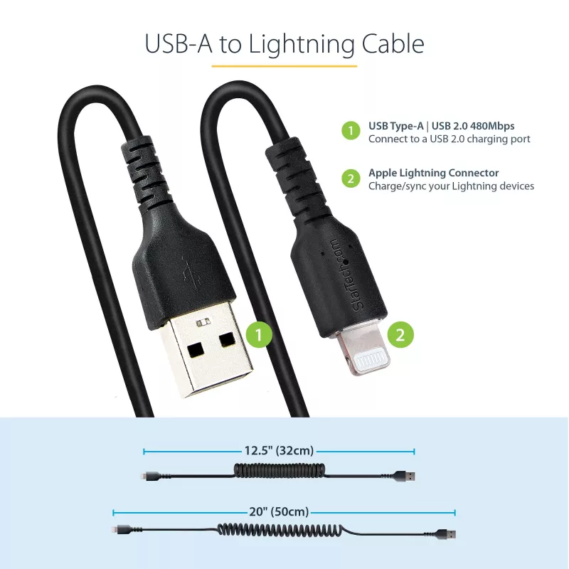 StarTech.com 50cm (20in) USB do Lightning, kabel MFi Certified, zwijany, czarny, wytrzymały płaszcz TPE wzmocniony włóknem aramidowym, wytrzymały zwijany kabel Lightning
