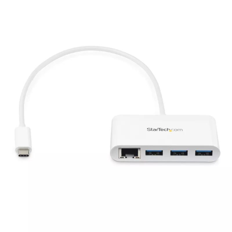 StarTech.com 3-Port USB-C Hub with Gigabit Ethernet - USB-C na 3x USB-A - Hub USB 3.0 - Biały