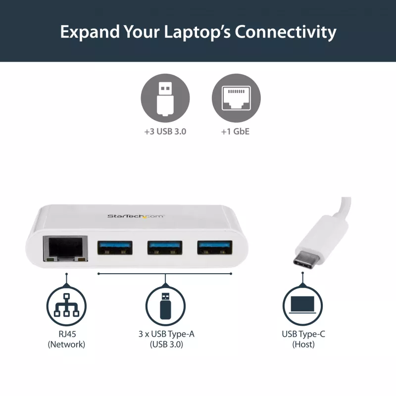 StarTech.com 3-Port USB-C Hub with Gigabit Ethernet - USB-C na 3x USB-A - Hub USB 3.0 - Biały