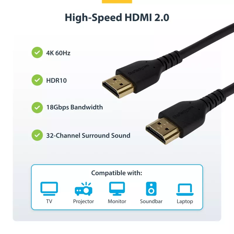 StarTech.com 3ft (1m) cienki kabel HDMI 2.0, elastyczny przewód HDMI z certyfikatem Premium i Ethernetem, UHD 4K 60 Hz HDR10, wytrzymała konstrukcja z włókna aramidowego i płaszczem TPE