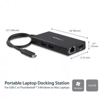 StarTech.com Wieloportowy adapter USB-C — Przenośna stacja dokująca podróżna z HDMI 4K — Przekazywanie mocy 60 W, GbE, 2-portowy koncentrator USB-A 3.0 — Poręczna mini stacja dokująca USB Type-C do laptopa