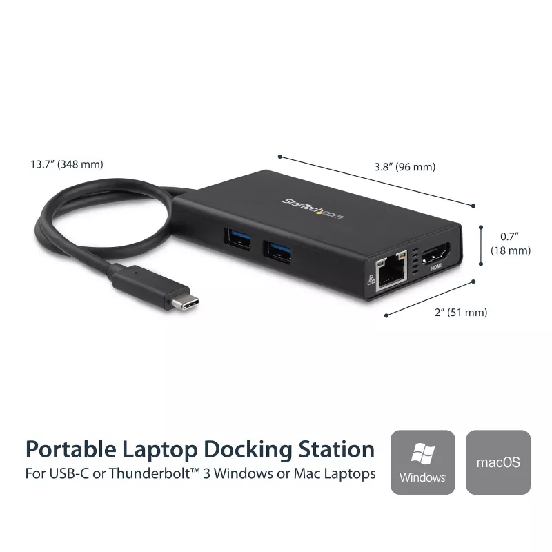 StarTech.com Wieloportowy adapter USB-C — Przenośna stacja dokująca podróżna z HDMI 4K — Przekazywanie mocy 60 W, GbE, 2-portowy koncentrator USB-A 3.0 — Poręczna mini stacja dokująca USB Type-C do laptopa