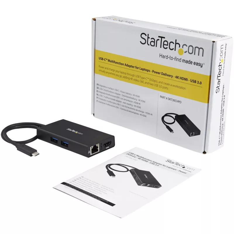 StarTech.com Wieloportowy adapter USB-C — Przenośna stacja dokująca podróżna z HDMI 4K — Przekazywanie mocy 60 W, GbE, 2-portowy koncentrator USB-A 3.0 — Poręczna mini stacja dokująca USB Type-C do laptopa