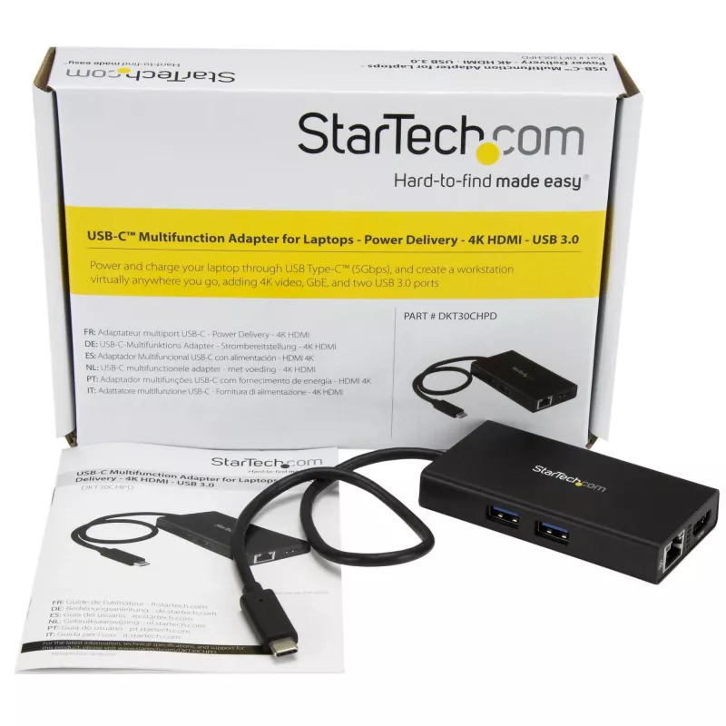 StarTech.com Wieloportowy adapter USB-C — Przenośna stacja dokująca podróżna z HDMI 4K — Przekazywanie mocy 60 W, GbE, 2-portowy koncentrator USB-A 3.0 — Poręczna mini stacja dokująca USB Type-C do laptopa