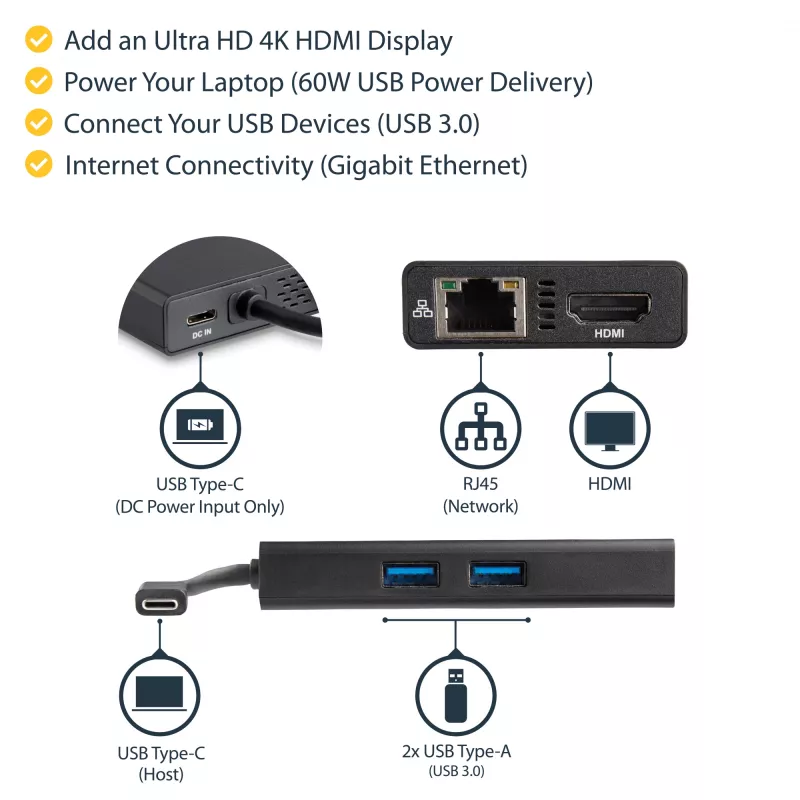 StarTech.com Wieloportowy adapter USB-C — Przenośna stacja dokująca podróżna z HDMI 4K — Przekazywanie mocy 60 W, GbE, 2-portowy koncentrator USB-A 3.0 — Poręczna mini stacja dokująca USB Type-C do laptopa