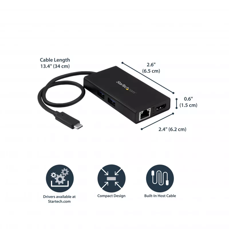 StarTech.com Wieloportowy adapter USB-C — Przenośna stacja dokująca podróżna z HDMI 4K — Przekazywanie mocy 60 W, GbE, 2-portowy koncentrator USB-A 3.0 — Poręczna mini stacja dokująca USB Type-C do laptopa