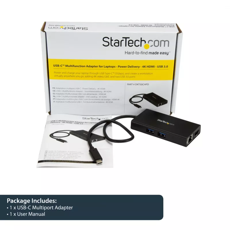StarTech.com Wieloportowy adapter USB-C — Przenośna stacja dokująca podróżna z HDMI 4K — Przekazywanie mocy 60 W, GbE, 2-portowy koncentrator USB-A 3.0 — Poręczna mini stacja dokująca USB Type-C do laptopa