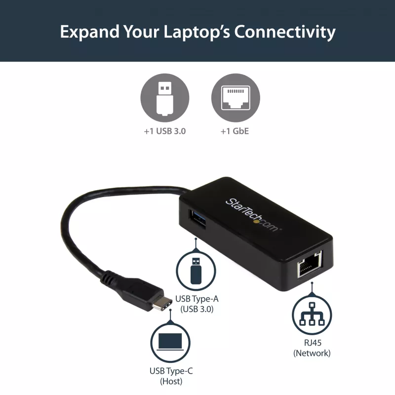 StarTech.com Karta sieciowa USB-C na Gigabit Ethernet z dodatkowym portem USB 3.0