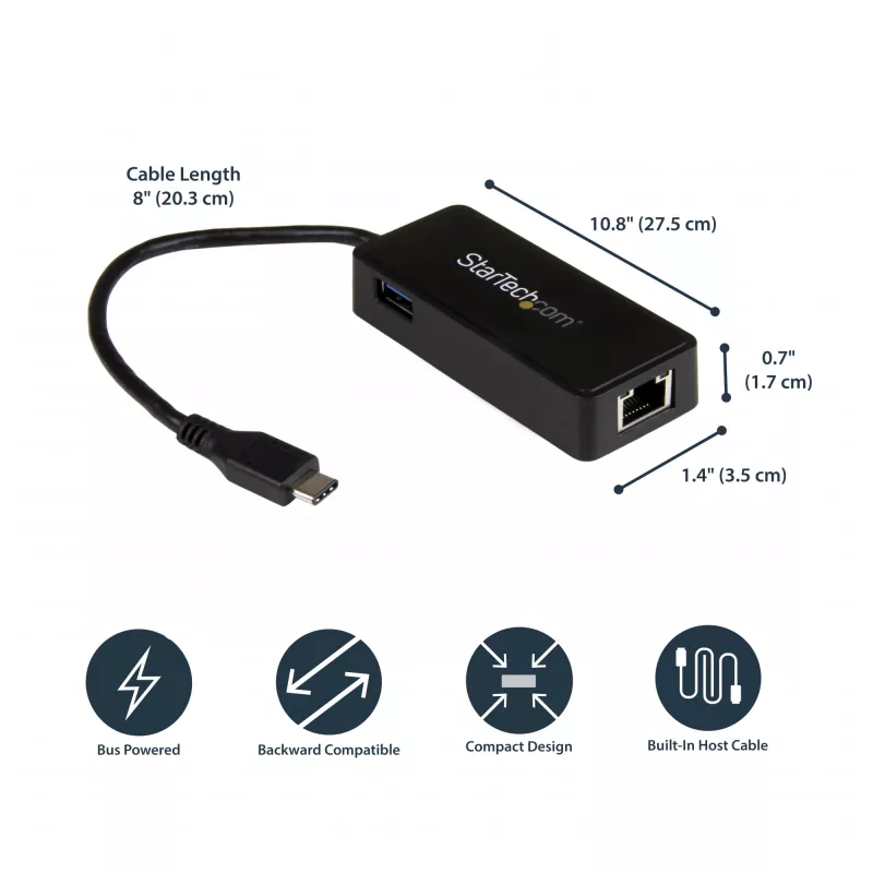 StarTech.com Karta sieciowa USB-C na Gigabit Ethernet z dodatkowym portem USB 3.0