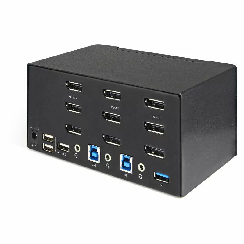 StarTech.com 2-portowy przełącznik KVM DisplayPort do trzech monitorów - 4K 60 Hz UHD HDR - stacjonarny DP 1.2 KVM z koncentratorem USB 3.0 2-portowym (5 Gb/s) i 4 portami USB 2.0 HID, audio - przełączanie skrótami klawiszowymi - TAA