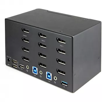 StarTech.com Przełącznik KVM DisplayPort Quad Monitor 2-portowy - 4K 60Hz UHD HDR - Desktop 4K DP 1.2 KVM z hubem USB 3.0 2-portowym (5Gbps) i 4 portami USB 2.0 HID, Audio - Przełączanie skrótami klawiszowymi - TAA