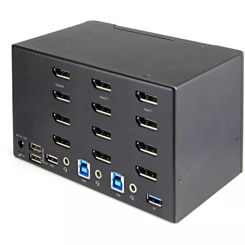 StarTech.com Przełącznik KVM DisplayPort Quad Monitor 2-portowy - 4K 60Hz UHD HDR - Desktop 4K DP 1.2 KVM z hubem USB 3.0 2-portowym (5Gbps) i 4 portami USB 2.0 HID, Audio - Przełączanie skrótami klawiszowymi - TAA