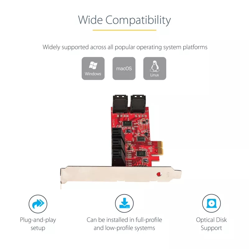 StarTech.com Karta PCIe SATA - 10-portowa karta rozszerzeń PCIe SATA - 6 Gb/s - niski/pełny profil - złącza SATA ułożone warstwowo - ASM1062 Non-RAID - konwerter/adapter PCI Express na SATA