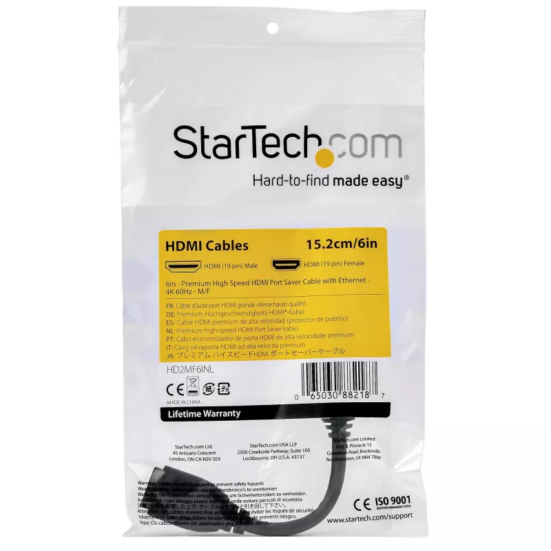 StarTech.com Przedłużacz HDMI 6 cali (15 cm) – Kabel 4K 60 Hz High Speed HDMI 2.0 z Ethernet – Krótki przedłużacz HDMI – Adapter przedłużający HDMI męski na żeński