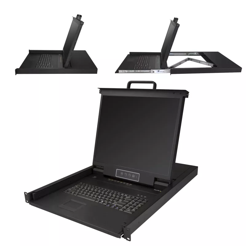 StarTech.com 8-portowa konsola KVM do montażu w szafie rack z kablami 1,8 m – zintegrowany przełącznik KVM z monitorem LCD 19 cali – w pełni funkcjonalna szuflada KVM LCD 1U – OSD KVM – wytrzymała, MTBF 50 000 h – obsługa USB + VGA