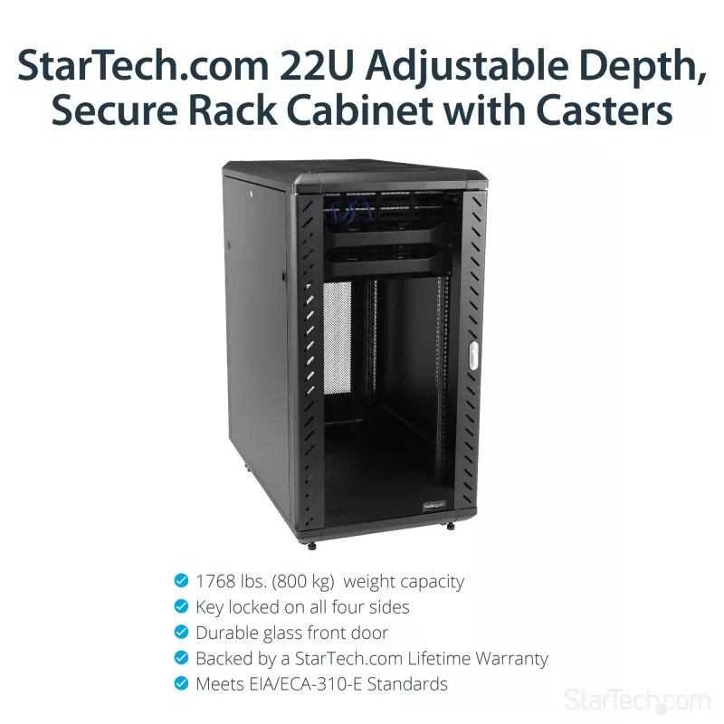 StarTech.com 4-Post 22U Szafa rackowa na serwer, zamykana na klucz 19-calowa szafa rack do przechowywania danych dla sprzętu komputerowego / AV / IT, szafa sieciowa biurowa / domowa z kółkami jezdnymi i regulowanymi szynami montażowymi