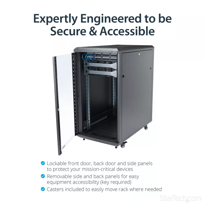 StarTech.com 4-Post 22U Szafa rackowa na serwer, zamykana na klucz 19-calowa szafa rack do przechowywania danych dla sprzętu komputerowego / AV / IT, szafa sieciowa biurowa / domowa z kółkami jezdnymi i regulowanymi szynami montażowymi