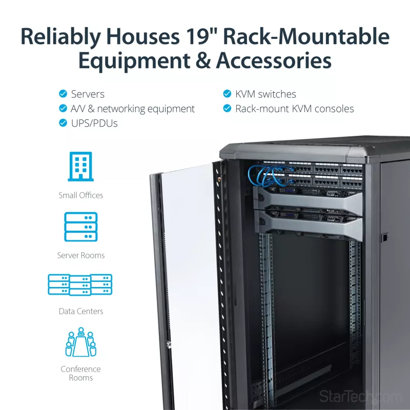 StarTech.com 4-Post 22U Szafa rackowa na serwer, zamykana na klucz 19-calowa szafa rack do przechowywania danych dla sprzętu komputerowego / AV / IT, szafa sieciowa biurowa / domowa z kółkami jezdnymi i regulowanymi szynami montażowymi