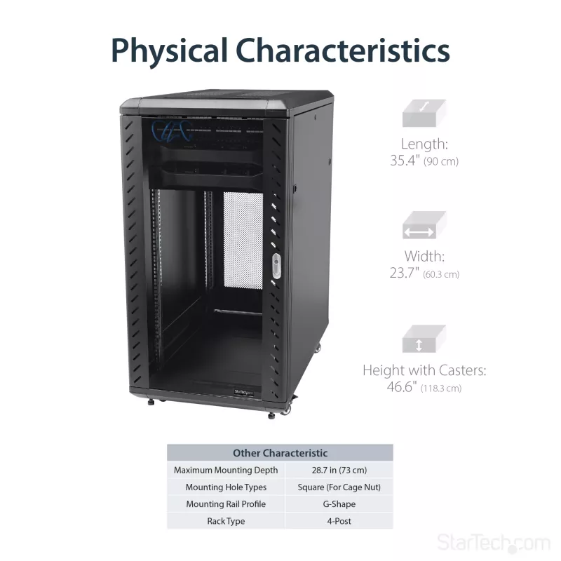 StarTech.com 4-Post 22U Szafa rackowa na serwer, zamykana na klucz 19-calowa szafa rack do przechowywania danych dla sprzętu komputerowego / AV / IT, szafa sieciowa biurowa / domowa z kółkami jezdnymi i regulowanymi szynami montażowymi