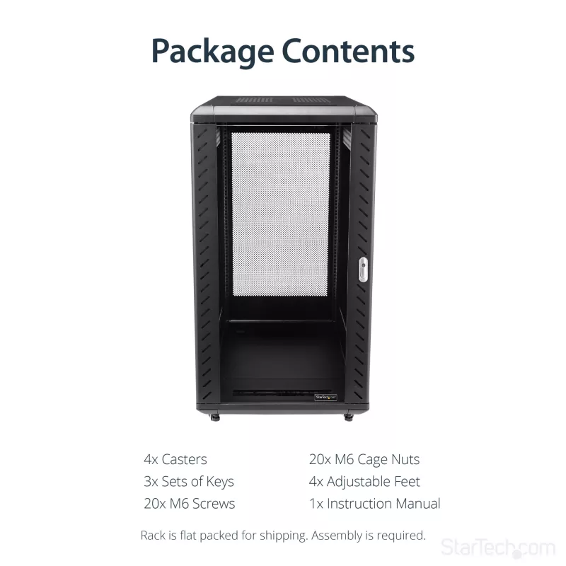StarTech.com 4-Post 22U Szafa rackowa na serwer, zamykana na klucz 19-calowa szafa rack do przechowywania danych dla sprzętu komputerowego / AV / IT, szafa sieciowa biurowa / domowa z kółkami jezdnymi i regulowanymi szynami montażowymi