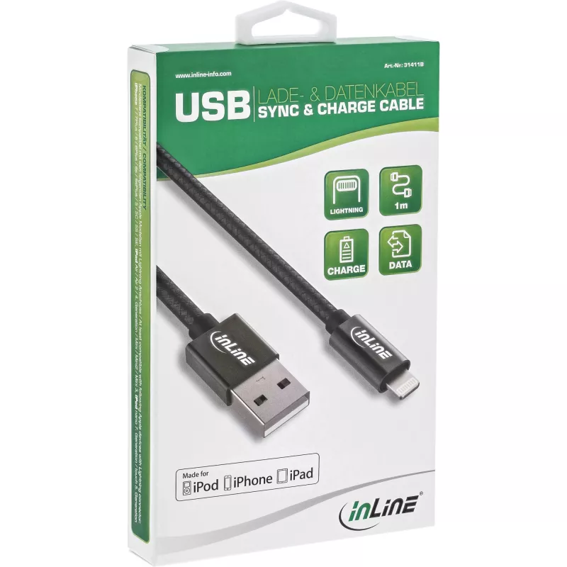 Kabel InLine Lightning USB, do iPada, iPhone, iPoda, czarny/alu, 1 m z certyfikatem MFi