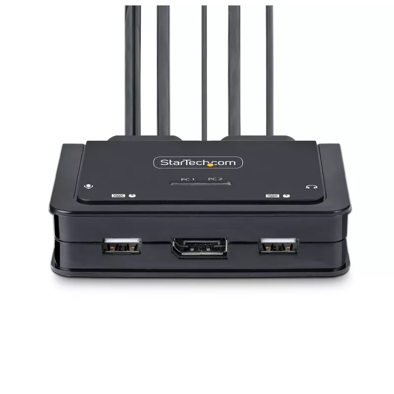 StarTech.com 2-portowy hybrydowy przełącznik KVM USB-C DisplayPort z kablami, 4K 60 Hz, kompaktowy KVM ze zintegrowanymi kablami hosta USB-A/DisplayPort/Audio 1,8 m i USB-C 1,2 m, zasilany z magistrali – przełączanie zdalnym przyciskiem/skrótami klawiszowymi