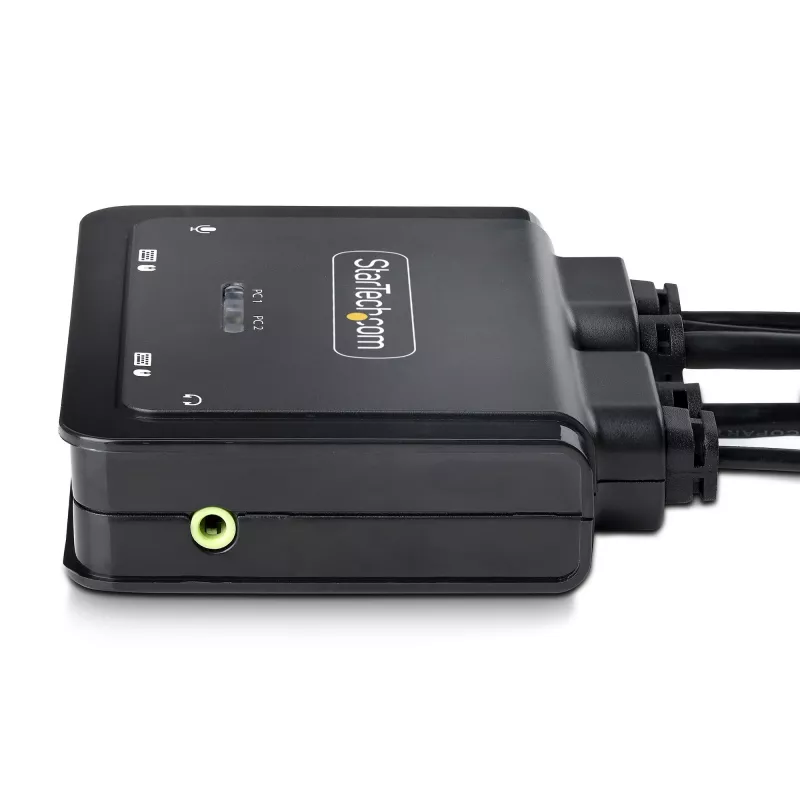 StarTech.com 2-portowy hybrydowy przełącznik KVM USB-C DisplayPort z kablami, 4K 60 Hz, kompaktowy KVM ze zintegrowanymi kablami hosta USB-A/DisplayPort/Audio 1,8 m i USB-C 1,2 m, zasilany z magistrali – przełączanie zdalnym przyciskiem/skrótami klawiszowymi